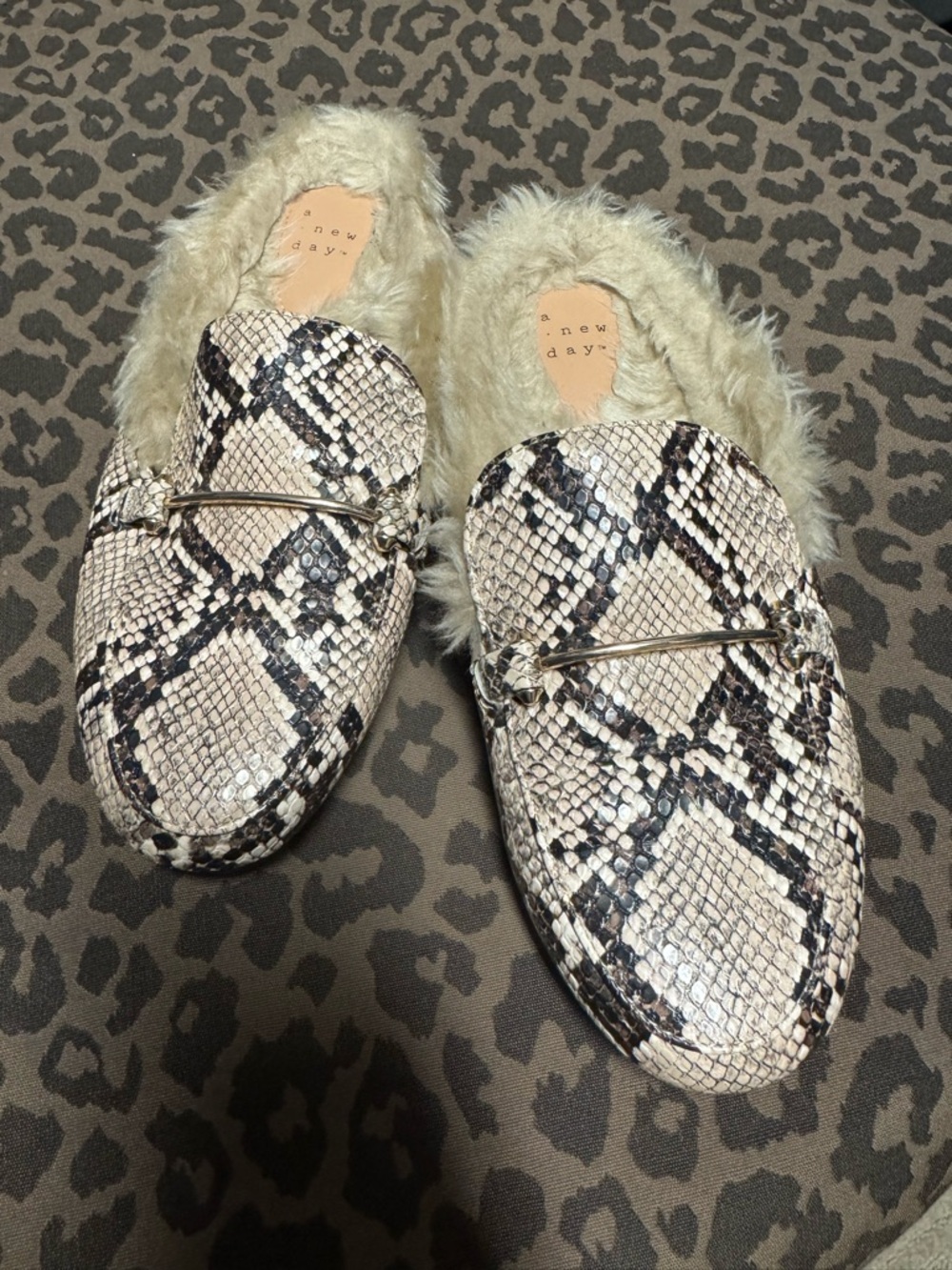Women's Faux Fur Lined Snake Print Loafer Mules - Beige